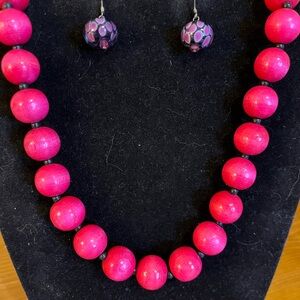 Pink and black wooden beaded necklace 22 “ with glass dangles pink/black